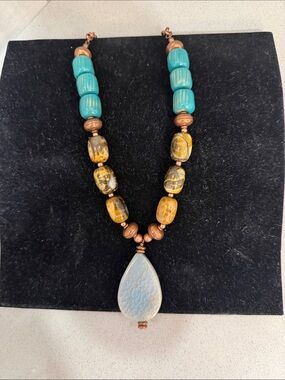 Turquoise & Amber Beaded Pendant Necklace - Unbranded